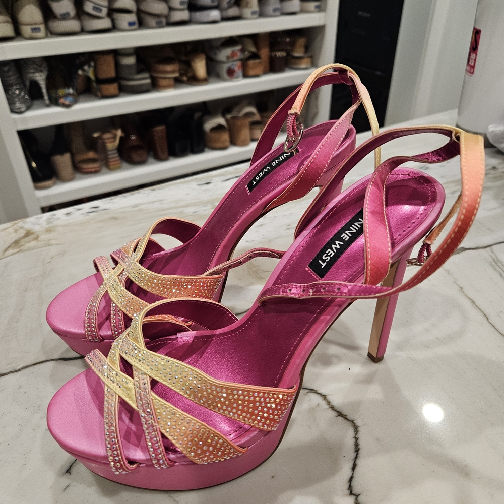 Nine West Pink and Gold Rhinestone Strappy Heels - Picture 2 of 4